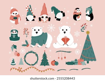 Holiday asset set with polar bears, penguins, snow men, penguins, Christmas trees, lights, ornaments, snow flakes and branches