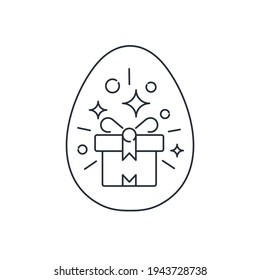 Holiday attribute. Festive egg with a gift. Vector linear illustration isolated on white background.