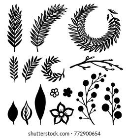 Holiday attributes painted with a black line on a white background. Twigs, branches, branch, plant, leaves, flower, berry. Set.