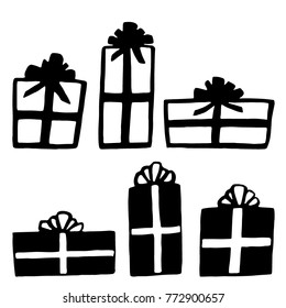 Holiday attributes painted with a black line on a white background. Gift. Set.