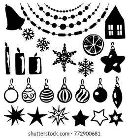 Holiday attributes painted with a black line on a white background. Garland, dried orange, christmas ball, snowflake, star, house, bell, candles. Set.