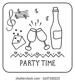 Holiday attributes for a party time. A bottle of wine, glasses, music. Vector illustration in Doodle style isolated on white background.Traditional design elements for invitations, banners, postcards.