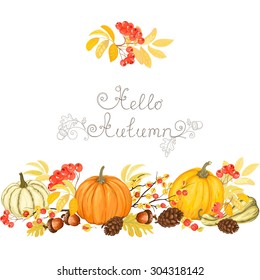 Holiday autumn banner with pumpkins, oriental bittersweets, acorns, pine cones and rowan.