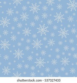 Holiday backdrop seamless snowflake pattern, Christmas decor, winter background. Vector illustration.