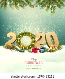 Holiday background with a 2020 and christmas wreath. Vector