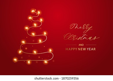 Fondo de vacaciones con árbol de navidad abstracto, luces y guirnaldas. Feliz ilustración de la tarjeta navideña en el fondo rojo.