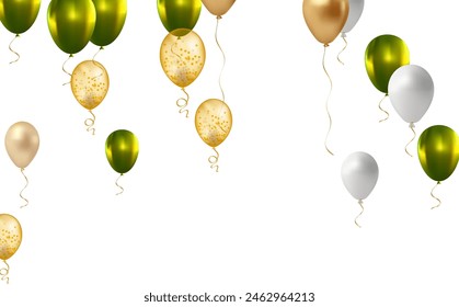 Holiday background with balloons, confetti and ribbons. Festive card for birthday party, anniversary, new year, Christmas