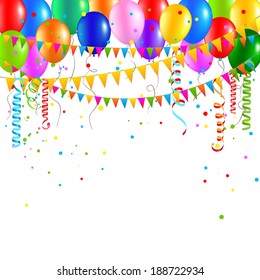 Holiday background with balloons, flags, streamer. Place for text. Vector festive illustration.