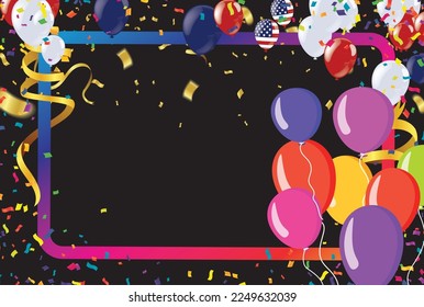 Holiday background with balloons, flags, streamer. Place for text. Vector festive illustration. colorful balloons 
