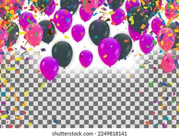 Holiday background with balloons, flags, streamer. Multicolored bright buntings garlands with confetti and air balls isolated on background
