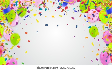 Holiday background with balloons, flags, streamer. Multicolored bright buntings garlands with confetti and air balls isolated on background
