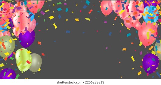 Holiday background with balloons, flags, streamer. Multicolored bright buntings garlands with confetti and air balls isolated on background
