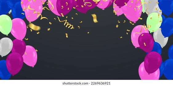 Holiday background with balloons, flags, streamer. Multicolored bright buntings garlands with confetti and air balls isolated on background
