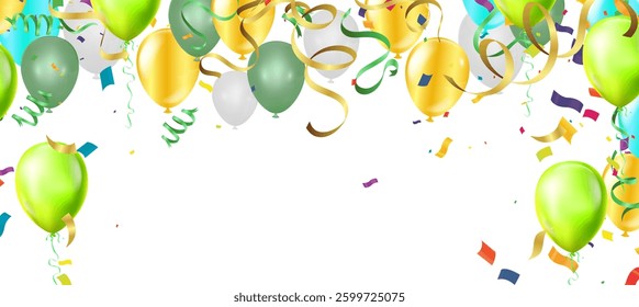 Holiday background with balloons, flags, streamer. Multicolored bright buntings garlands with confetti and air balls isolated on background
