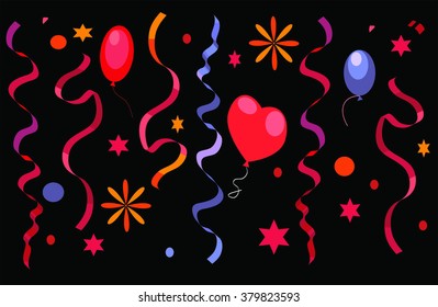 holiday background with balloons and ribbons.