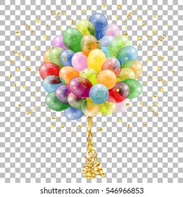 Holiday Background with Balloons, Streamer and Confetti on transparent background, isolated vector illustration