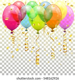 Holiday Background with Balloons, Streamer and Confetti on transparent background, isolated vector illustration