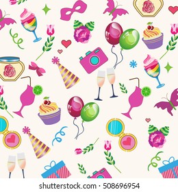 Holiday background: balls, cocktails, cupcakes, gifts