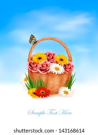 Holiday background. Basket full of flowers with a butterfly. Vector.