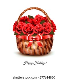 Holiday Background With Basket Full Of Red Roses. Vector.