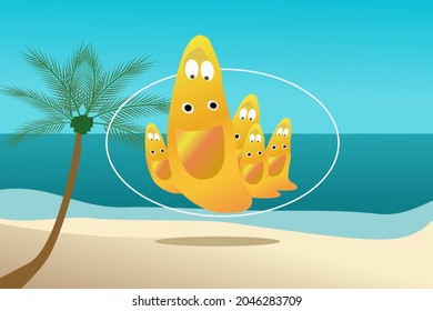 Fondo de vacaciones. Playa con palmeras, bonita ilustración de oruga y mar azul. Vector.
