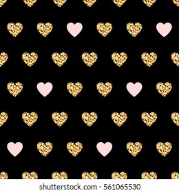 Holiday background. Beautiful gold seamless pattern hearts. Vector illustration.