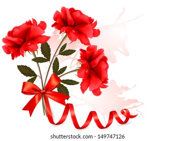 Holiday background with beautiful red roses and a ribbon. Vector illustration. 