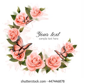 Holiday background with beauty flowers and butterflies. Vector.