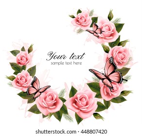 Holiday background with beauty flowers and butterflies. Vector.