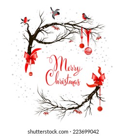 Holiday background with birds on tree and christmas decoration.