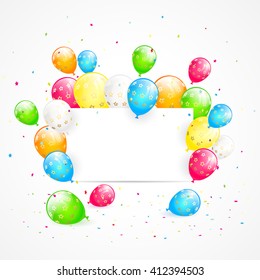 Holiday background with blank card, flying colorful balloons and confetti, illustration.
