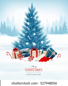 Holiday background with a blue Christmas tree and presents with santa hat. Vector