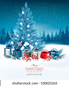 Holiday background with a blue Christmas tree and presents. Vector.