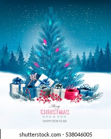 Holiday background with a blue Christmas tree and presents. Vector