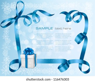 Holiday background with blue gift bow with gift boxes. Vector illustration.