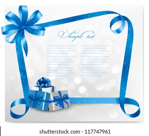  Holiday background with blue gift bow and gift boxes. Vector.