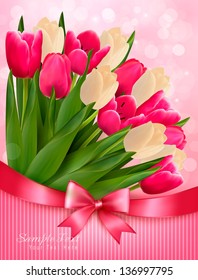 Holiday background with bouquet of colorful flowers with bow and ribbon. Vector illustration.