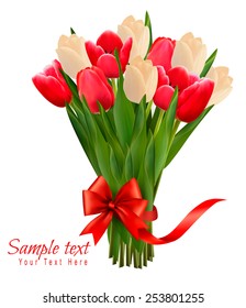  Holiday background with bouquet of colorful flowers with bow and ribbon. Vector illustration