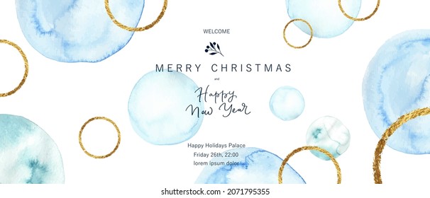 Holiday background, card design.  Golden shiny, festive glitter round forms, winter, Christmas, New Year design elements, pattern. Blue watercolor circles.