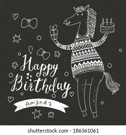Holiday background in cartoon style. Cute funny horse in sweater with cake and gift in vector. Happy birthday lettering with place for name on blackboard background.