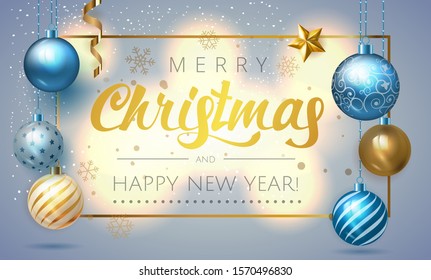 Holiday background with Christmas balls. Blue Christmas background golden and blue glass balls, stars and confetti. Xmas baubles.Vector illustration.  