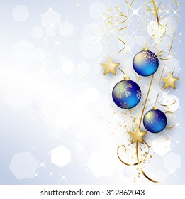 Holiday Background with Christmas baubles and snowflakes. Vector illustration.