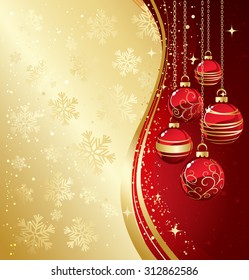 Holiday Background with Christmas baubles and snowflakes. Vector illustration.