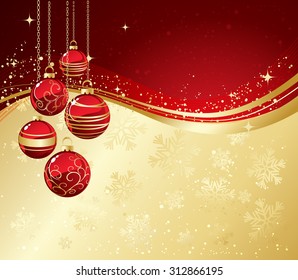 Holiday Background with Christmas baubles and snowflakes. Vector illustration.