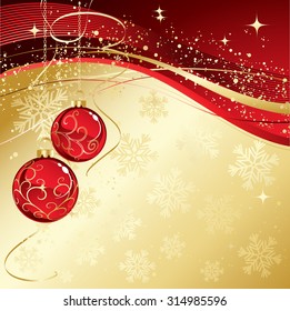Holiday Background with Christmas baubles and snowflakes. Vector illustration.