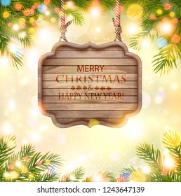 Holiday Background with christmas branches of tree and wooden board. Vector
