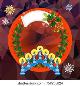 Holiday background with Christmas garland and candlestick. Copy space.Vector clip art.