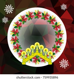 Holiday background with Christmas garland and candlestick. Copy space.Vector clip art.