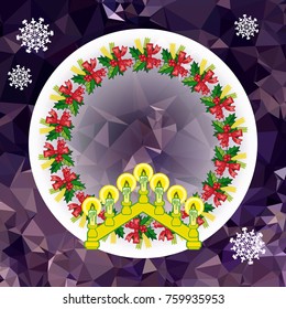 Holiday background with Christmas garland and candlestick. Copy space.Vector clip art.