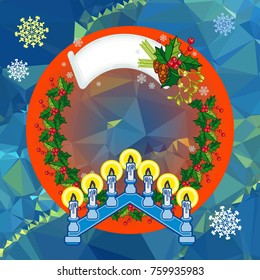 Holiday background with Christmas garland and candlestick. Copy space.Vector clip art.